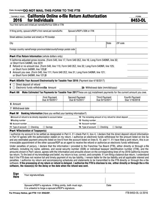 Fillable Form 8453-Ol - California Online E-File Return Authorization For Individuals - 2016 Printable pdf