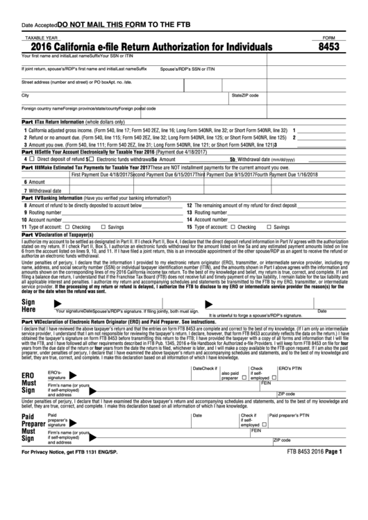 Fillable Form 8453 - California E-File Return Authorization For Individuals - 2016 Printable pdf