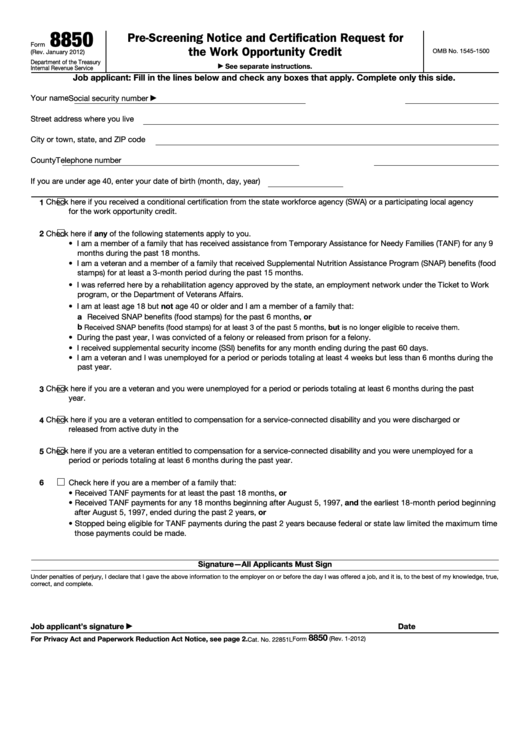 Fillable Form 8850 (Rev. January 2012) - Pre-Screening Notice And Certification Request For The Work Opportunity Credit Printable pdf