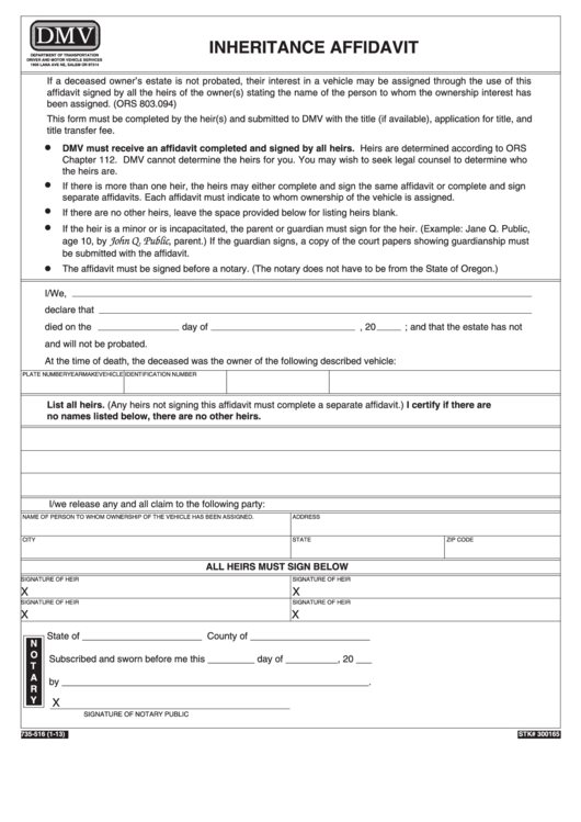 Form 735-516 - Inheritance Affidavit Printable pdf