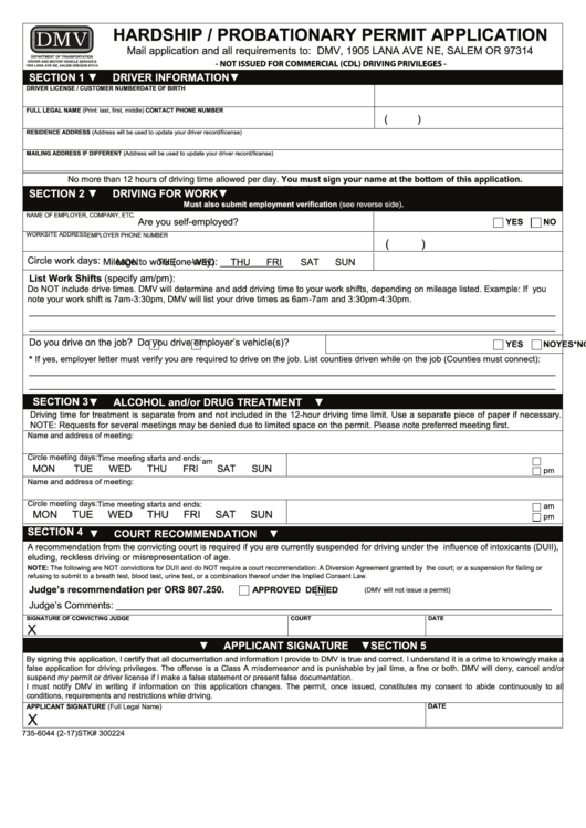 Form 735-6044 - Hardship / Probationary Permit Application Printable pdf