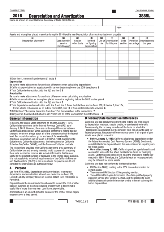 Fillable California Form 3885l - Depreciation And Amortization - 2016 Printable pdf
