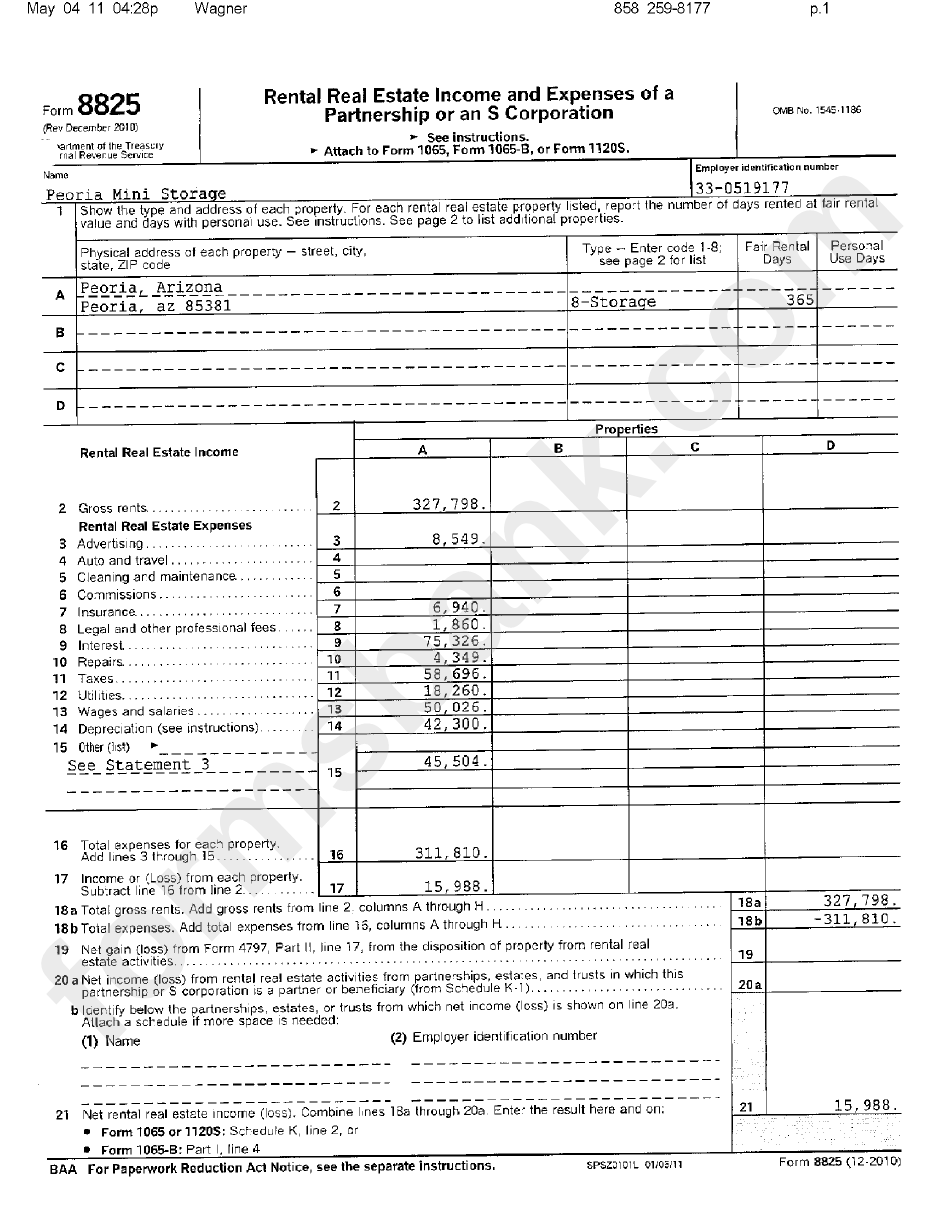 Form 8825 Rental Real Estate Income And Expenses Of A