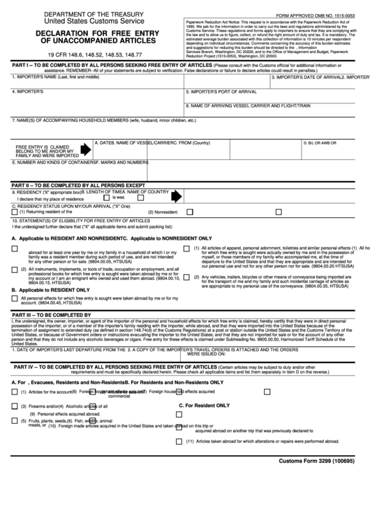 Customs Form 3299 - Declaration For Free Entry Of Unaccompanied Articles. Supplemental Declaration For Unaccompanied Personal And Household Effects Etc. Printable pdf