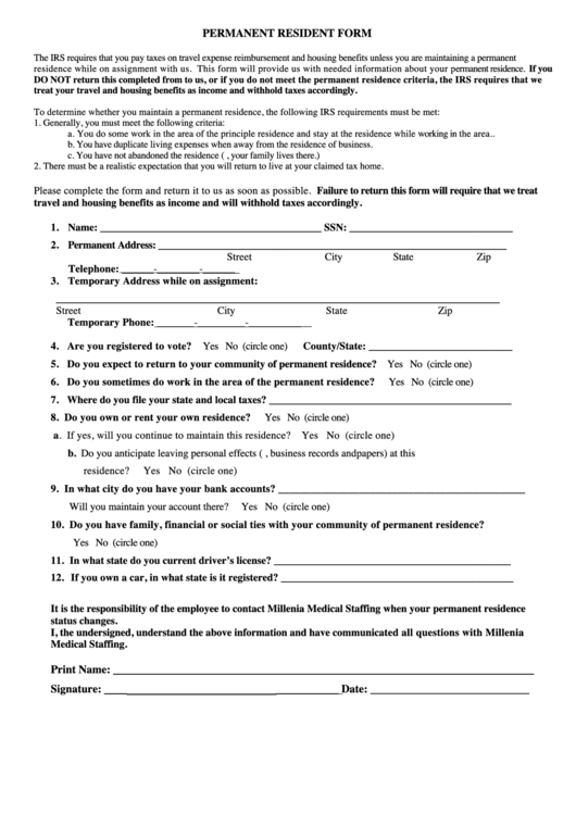 Permanent Resident Form - Millenia Medical Staffing Printable pdf