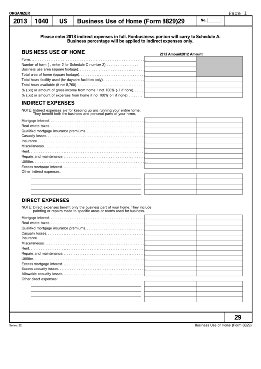 Business Use Of Home (Form 8829) Organizer - 2013 Printable pdf