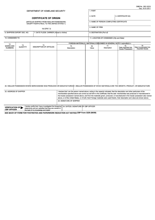 Fillable U.s. Customs And Border Protection Certificate Of Origin Printable pdf