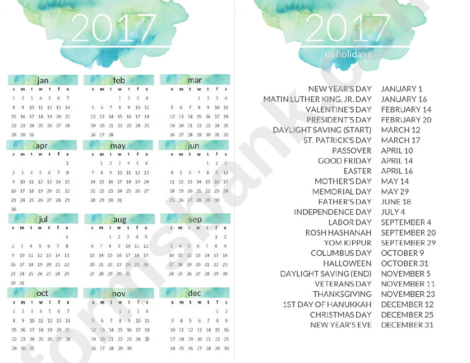 2017 Calendar Template With Holidays
