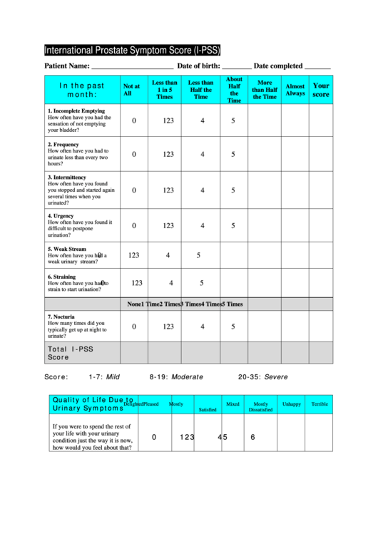 International Prostate Symptom Score (I-Pss) Printable pdf