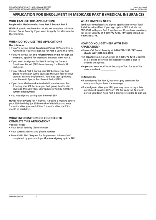 Fillable Application For Enrollment In Medicare Part B Medical 