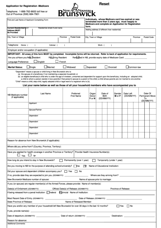Fillable Application For Registration - Medicare - Service Nouveau-Brunswick Printable pdf