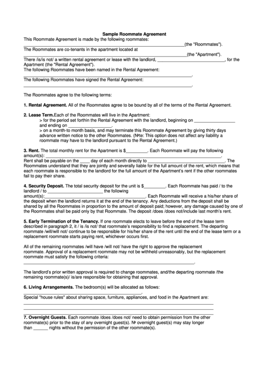 Sample Roommate Agreement Template Printable pdf