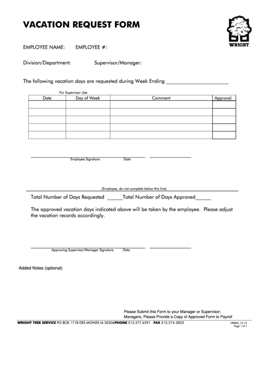 Fillable Vacation Request Form - Wright Outdoor Solutions Printable pdf