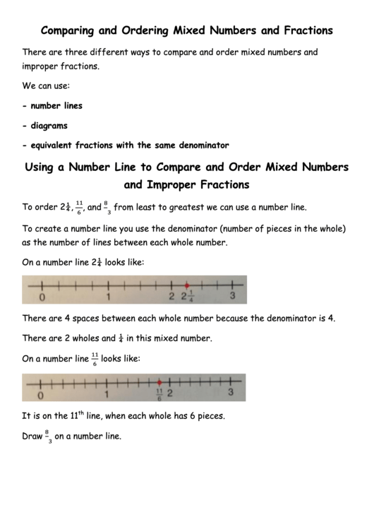 Comparing And Ordering Mixed Numbers And Fractions Printable pdf