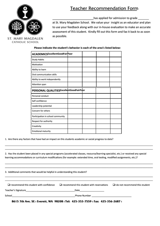 Teacher Recommendation Form - St. Mary Magdalen Printable pdf
