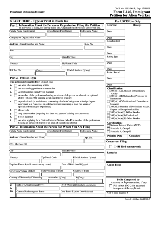 Fillable Form I 140 Immigrant Petition For Alien Worker Printable Pdf 