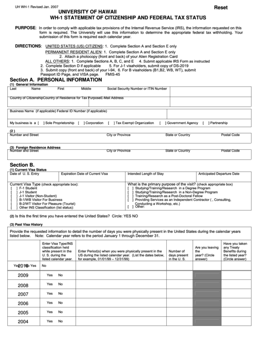 Fillable Form Uh Wh-1 - Wh-1 Statement Of Citizenship And Federal Tax Status - University Of Hawaii Printable pdf