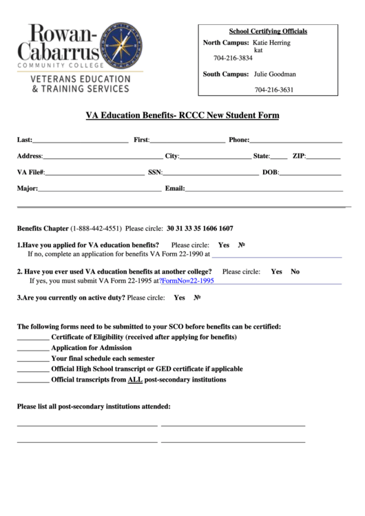 Va Education Benefits - Rccc New Student Form Printable pdf