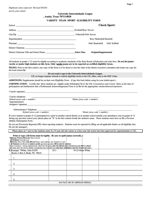 Fillable Individual Varsity Sport Eligibility Form Printable pdf
