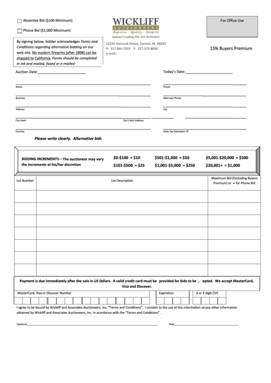 Firearms Absentee Bid Form And Terms - Wickliff Auctioneers Printable pdf