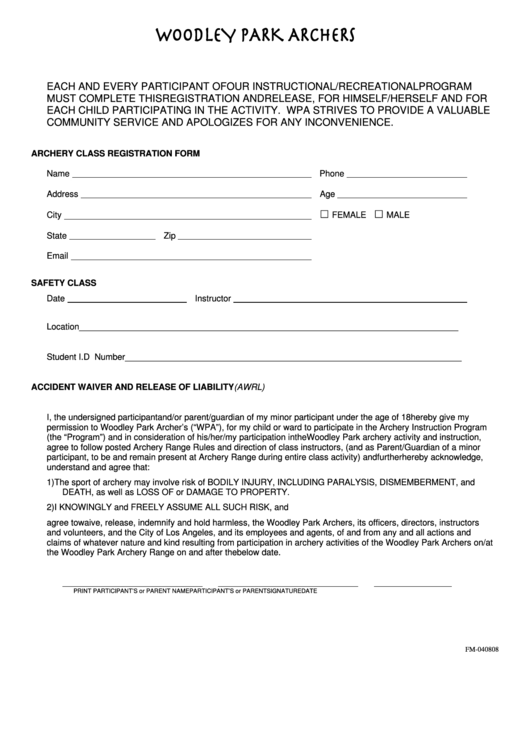 Woodley Park Archers Sport Registration Form Printable pdf