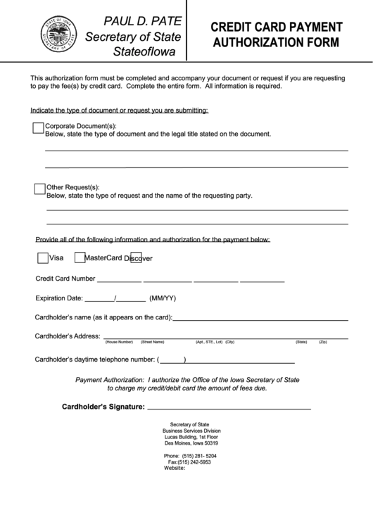 Credit Card Payment Authorization Form - Iowa Secretary Of State Printable pdf