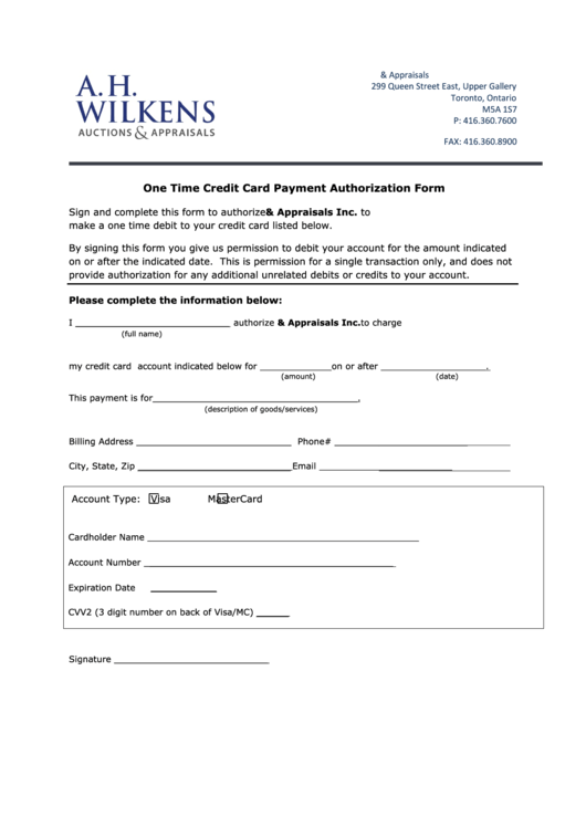 One Time Credit Card Payment Authorization Form - Ah Wilkens Printable pdf