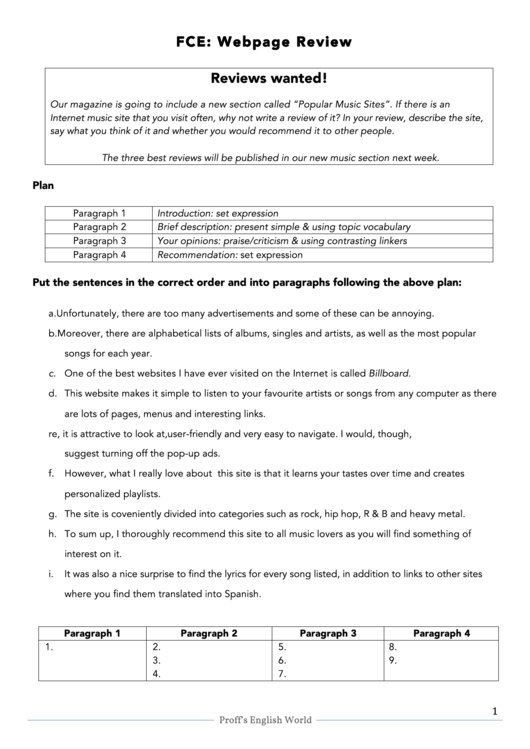 Fce: Webpage Review Worksheet Printable pdf