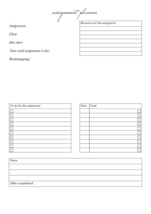 Class Assignment Planner Template Printable pdf