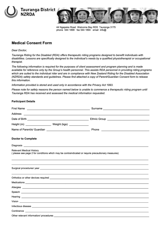 Medical Consent Form - Tauranga Riding For Disabled Printable pdf