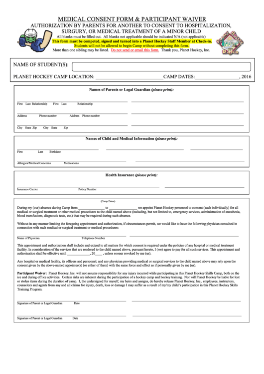 Medical Consent Form & Participant Waiver Printable pdf