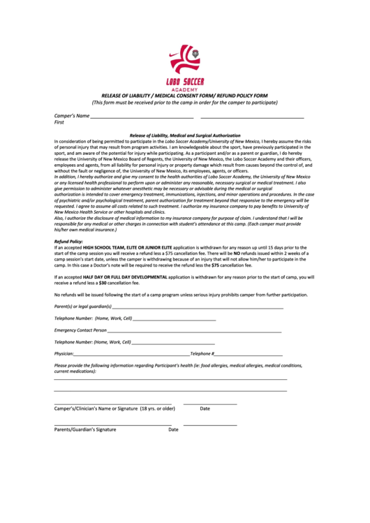 Fillable Release Of Liability / Medical Consent Form - New Mexico Printable pdf