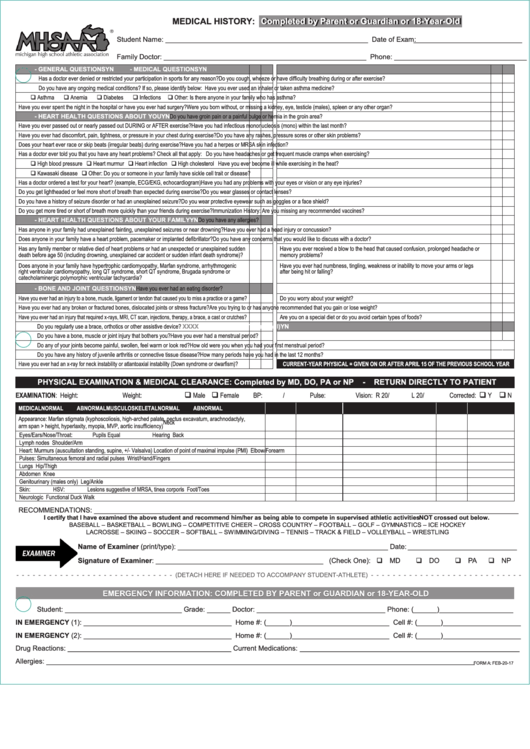 Medical History Form - Michigan High School Athletic Association Printable pdf