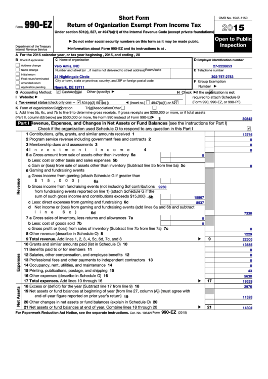 Fillable Form 990 Ez - Short Form Return Of Organization Exempt From Income Tax 2015 Printable pdf