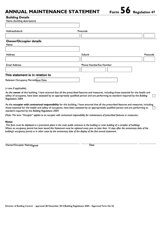 Fillable Form 56 Regulation 47 - Annual Maintenance Statement Printable pdf
