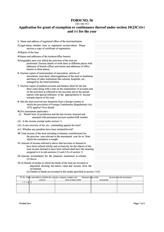 Form No. 56 - Application For Grant Of Exemption Or Continuance Thereof Under Section 10(23c)(Iv) And (V) For The Year Printable pdf