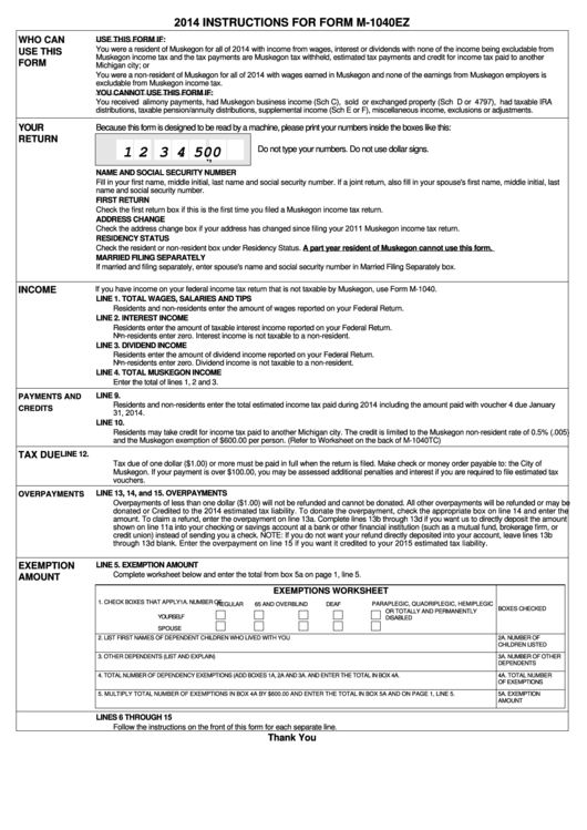 2014 Instructions For Form M-1040ez - City Of Muskegon Printable pdf