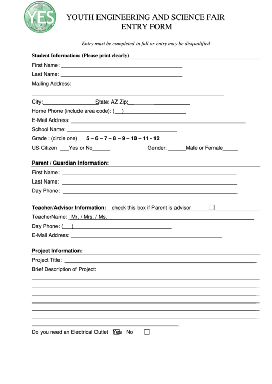 Youth Engineering And Science Fair Entry Form - Yes Fair