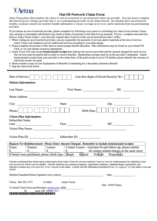 Out-Of-Network Claim Form - Aetna Printable pdf