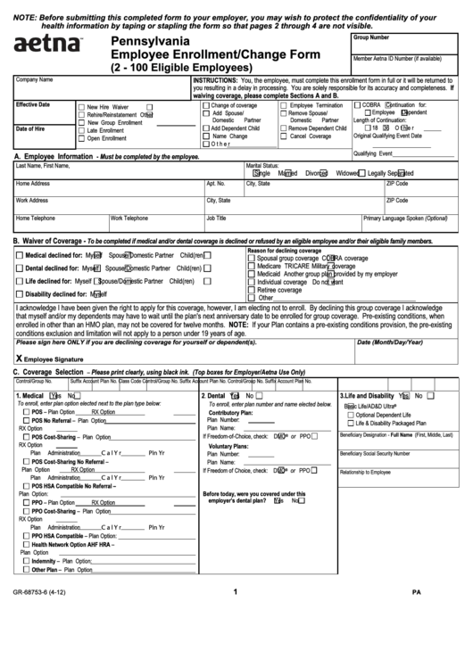 Fillable Form Gr-68753-6 (4-12) - Pennsylvania Employee Enrollment Change Form - Aetna Printable pdf