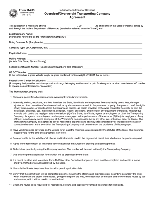 Fillable Form M-203 - Oversized/overweight Transporting Company Agreement Printable pdf