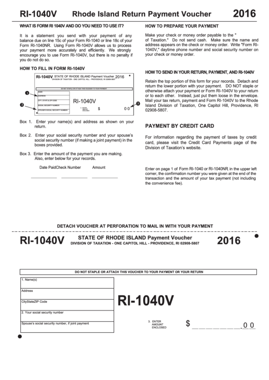 Fillable Form Ri-1040v - Rhode Island Return Payment Voucher - 2016 Printable pdf