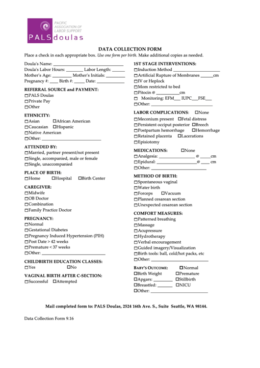 Data Collection Form - Pals Doulas Printable pdf