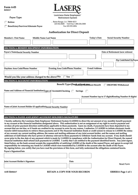 Fillable Authorization For Direct Deposit Form 4-05 - Lasers Printable pdf