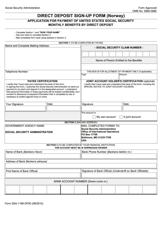 Direct Deposit Sign-Up Form (Norway) - Social Security Printable pdf