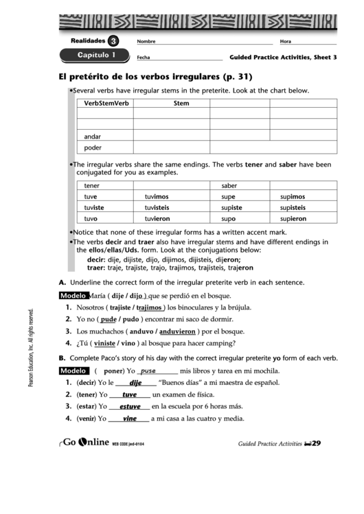 El Preterito De Los Verbos Irregulares (P. 31) Puse Printable pdf