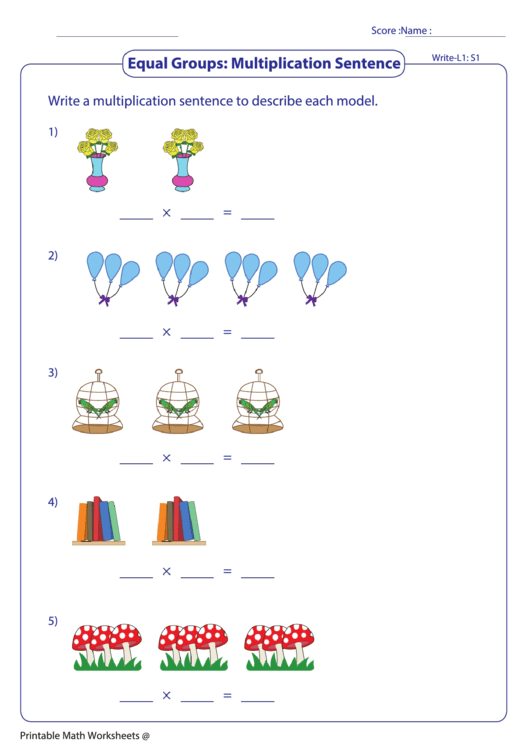 Equal Groups: Multiplication Sentence Worksheet Printable pdf