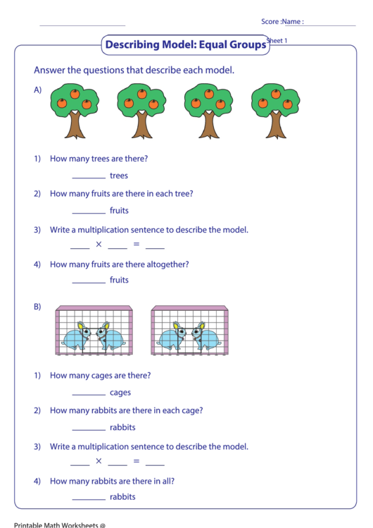 Describing Model: Equal Groups Worksheet Printable pdf
