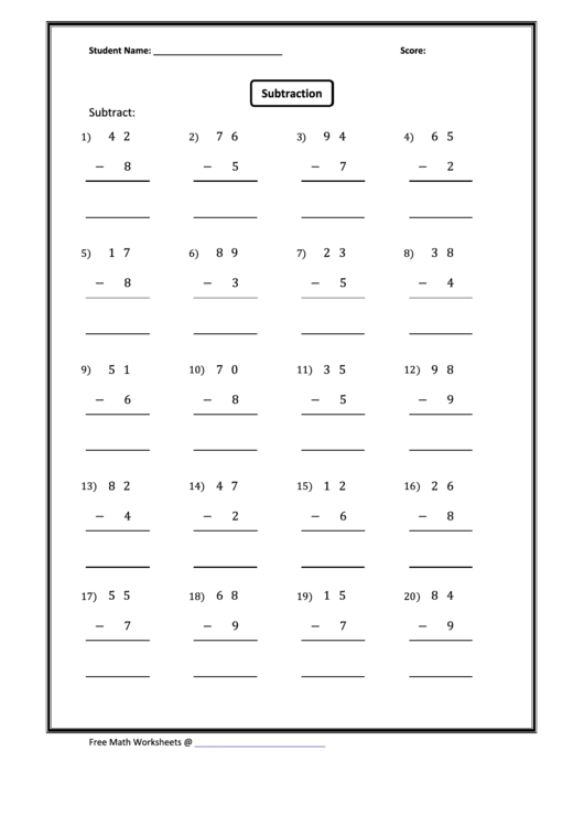 Subtraction Worksheet Printable pdf