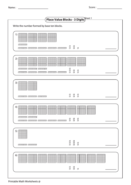 Place Value Blocks 3 Digits Worksheet printable pdf download